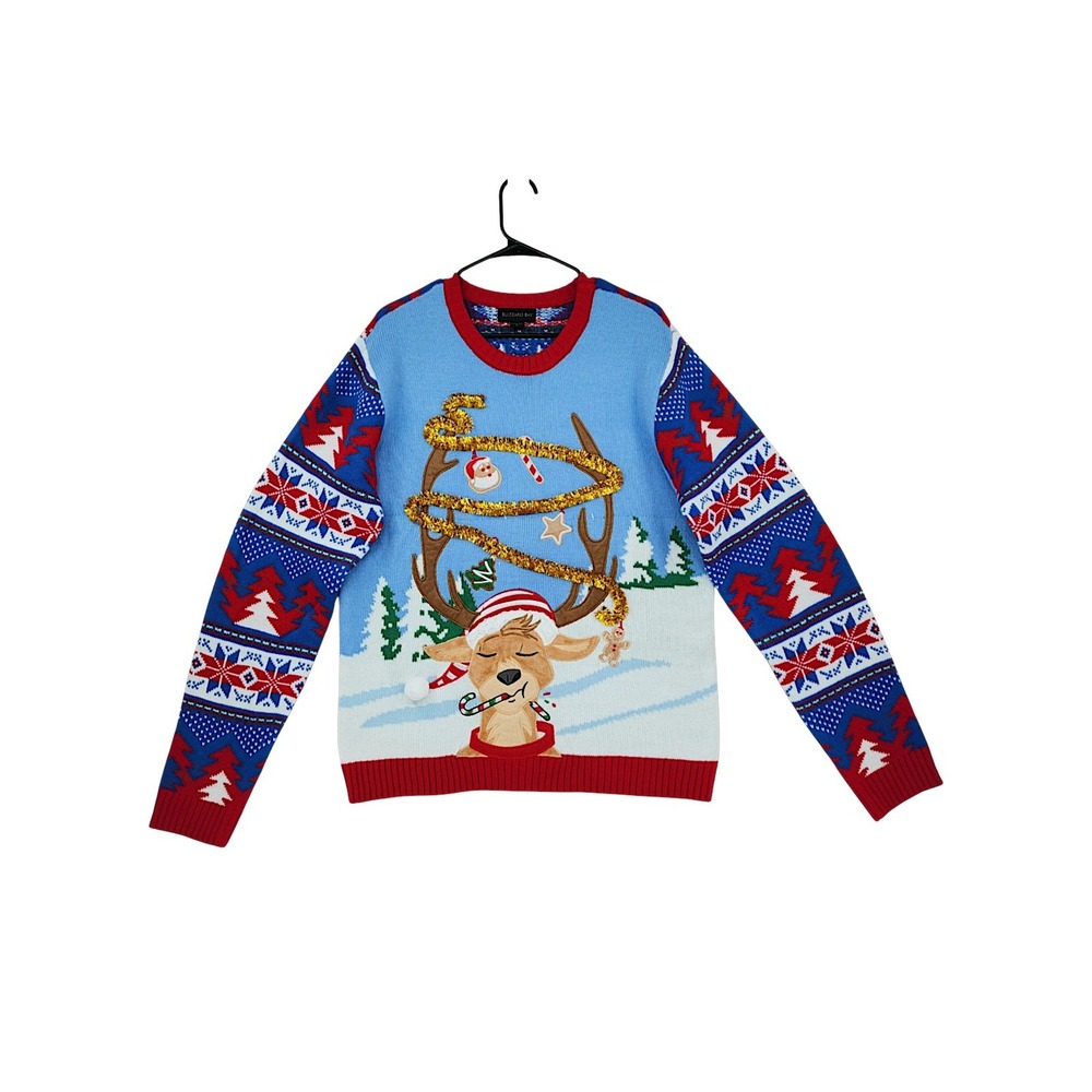 Blizzard Bay sz L Ugly Christmas Sweater Reindeer Women Blue Red Tinsel Holiday